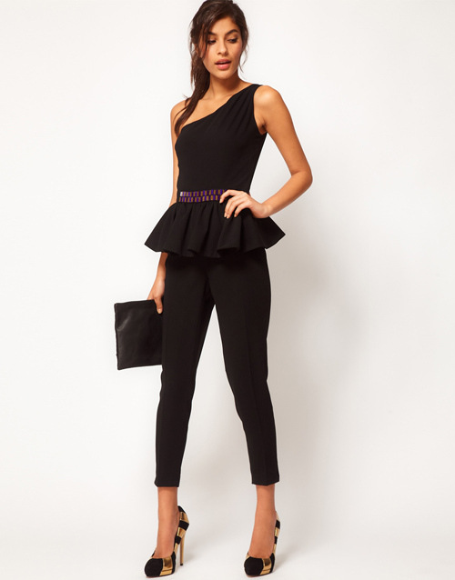 F2333 Elegant Oblique Shoulder Flouncing Jumpsuit